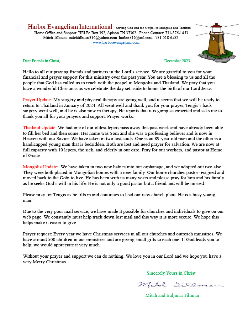 December 2023 Prayer Letters