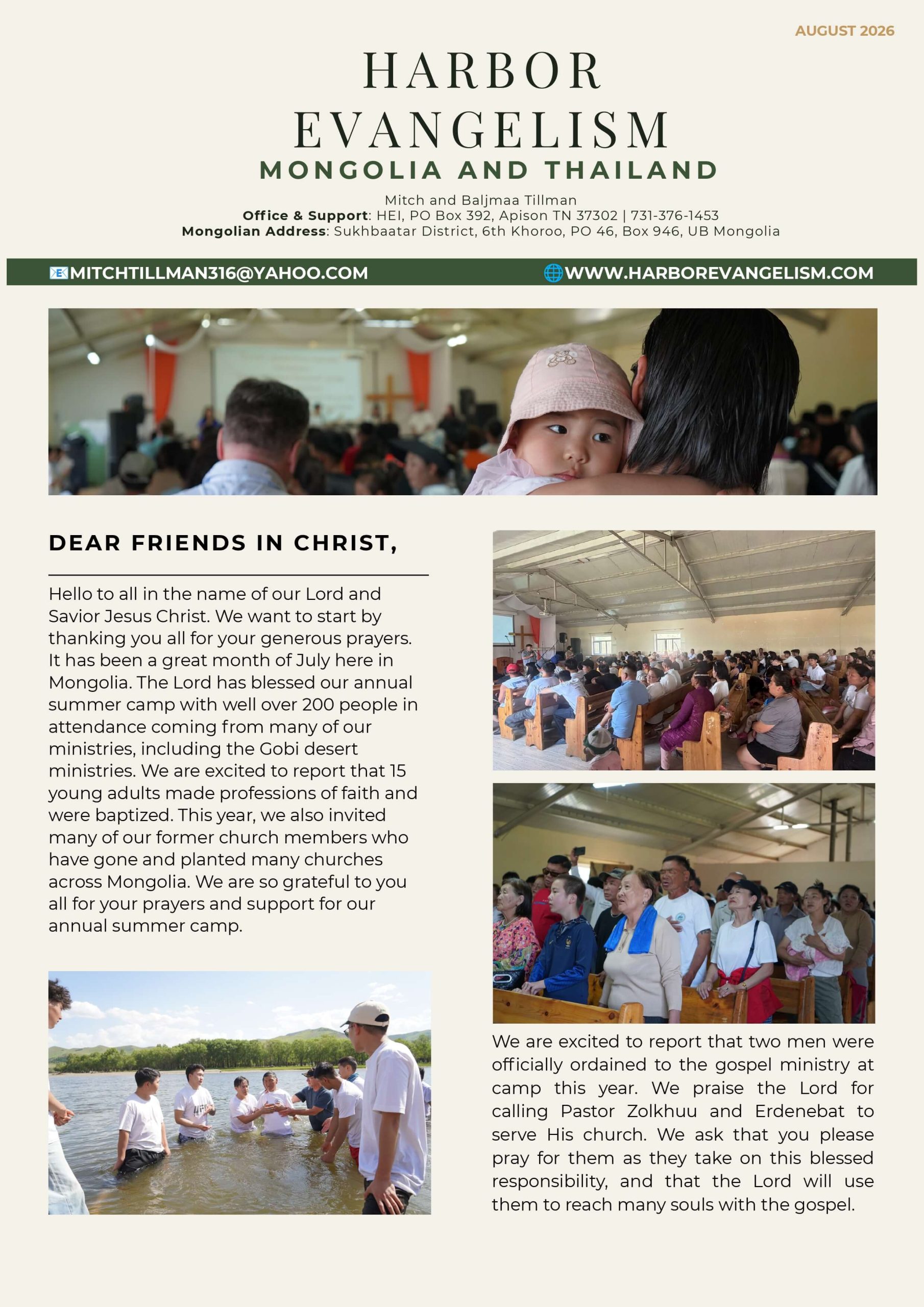August 2026 Prayer Letters